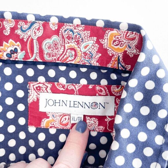 John Lennon Men's Button Shirt Polka Dots Long Sleeve Blue White XL - Picture 3 of 9